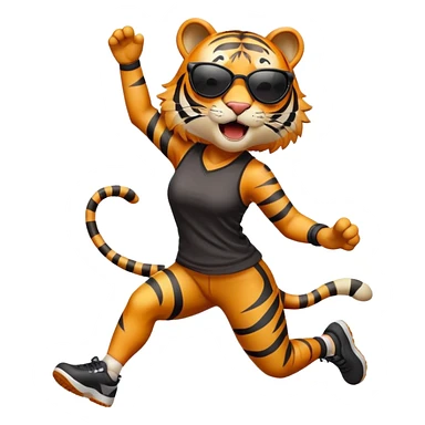 female energetic anthropomorphised tiger in sports clothes, wearing dark sunglasses, jumping with excitement sticker