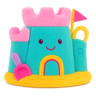 Make the stuffed animal jellycat sand castle more colorful with playful pastel and bright accents, keep the plush texture, no background, soft plush toy style sticker