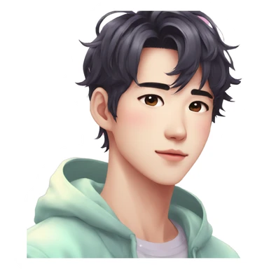 Gorgeous bright sparkly romantic Asian anime pastel guy with blushing face aesthetic trending style outside sticker