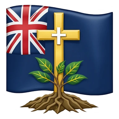 a flag with a Navy blue background with a white cross in the center, roots coming down from the bottom of the cross, a green leaf in the top right corner of the flag, and a slightly dark yellow star rising from behind the cross. sticker
