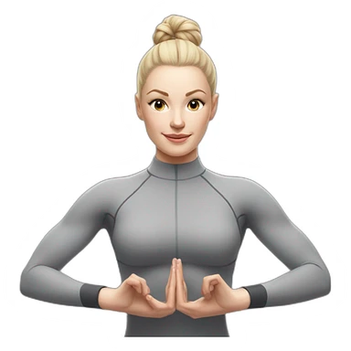 Pale skinned fit woman In a gray tight yoga suit and wristbands With ash blonde hair in a bun doing yoga sticker