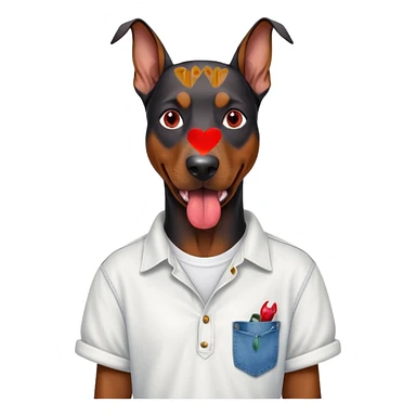 Generate a emoji of a big evil doberman dog with red eyes and a tongue sticking out, give the doberman a human body with a white shirt and baggy jeans, make the doberman have piercings sticker