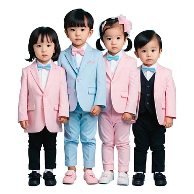triplet toddlers with two girls in pastel pink clothes on each side and a boy in pastel blue suit in the middle sticker