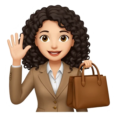 medium deep tan brown business woman with long black curly hair, waving hand with happy face with smile mouth and carrying bag on her shoulder sticker
