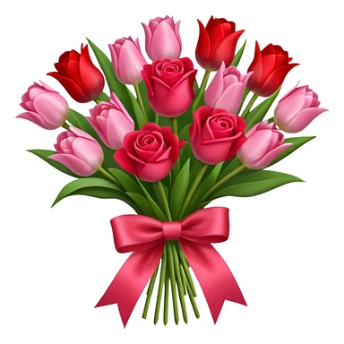 Create an bouquet with red and pink roses and tulips inside a white flower bouquet with red ribbon around it sticker