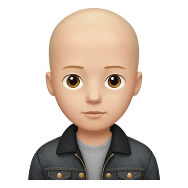  a boy with bald head, black jeans jacket, plain forehead sticker