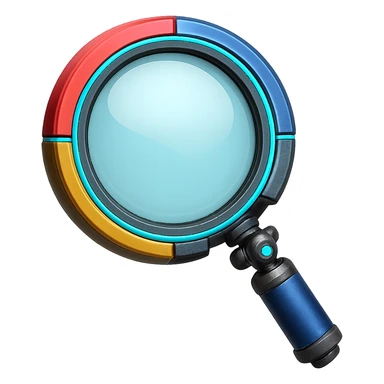 Make this magnifying glass look robotic with metallic textures, robotic joints, and glowing blue accents. Keep the emoji style and no background. sticker
