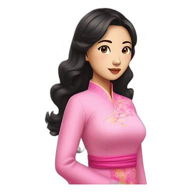 attractive asian girl with wavy black hair posing with pink ao dai full body sticker