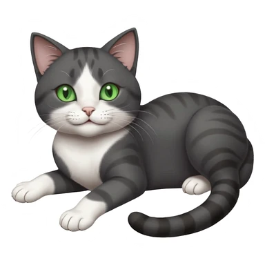 beautiful female solid dark grey cat with green eyes, white toes/paws and white patch on her chest playfully rolling upside down sticker