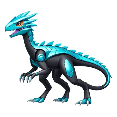 Shiny Futuristic Celestial Fakemon-Pokemon-Digimon-Spectrobes-Raptor-fusion, full body, four legs, black body, cyan accents, scales sticker