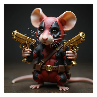 A realistic rat dressed as Deadpool, holding two golden Desert Eagle pistols, dramatic lighting, photorealistic style. sticker