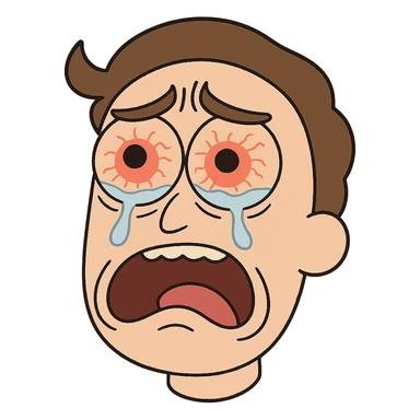 close-up of a face with exaggerated, red, teary eyes, eyebrows raised in pain, as if vinegar was dripped into the eyes, cartoon style sticker