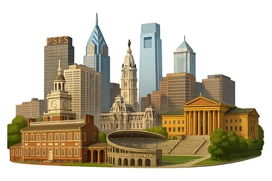 cinematic, realistic emoji of Philadelphia, wide city view featuring only real, iconic landmarks including Independence Hall, Philadelphia Museum of Art with the Rocky Steps, city skyline, City Hall tower, landmark PSFS building, Franklin Field Stadium, lifelike detail, accurate colors, bright daytime lighting, fully transparent background, no sky, no clouds, no imaginary or generic buildings, no giant Liberty Bell sticker