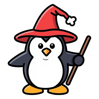 wizard penguin wearing a pointy wizard hat and holding a magic wand sticker