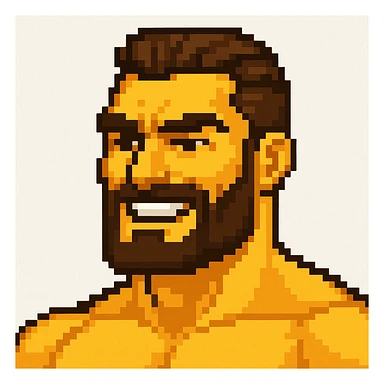 Create a gigachad emoji inspired by the reference image of a muscular man with a chiseled jawline and confident smile, in pixel art style. The emoji should be simplified and expressive, capturing the pixel art style. sticker