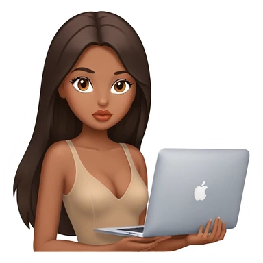Glamours tanned very beautiful girl with big pump peach lips and dark chocolate straight smooth long hair, blue-grey eyes in brown/beige bodysuit with MacBook sticker