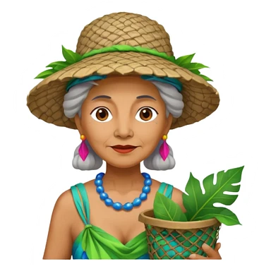 Hawaiian old woman with leaf hat and big trash net and colorful cloth sticker
