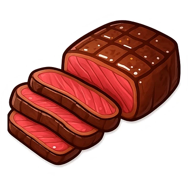 Create an emoji-style illustration of a steak inspired by the provided photo. Focus solely on the steak, excluding any potatoes or vegetables. Include juicy details to emphasize its deliciousness. No background, isolate the steak. Use an emoji style look as a reference for the design. sticker