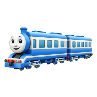 A 3D cartoon passenger train with blue carriages and visible windows, moving through countryside, Memoji-style. sticker