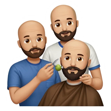 A bald man with a dark brown beard cutting someone’s hair at a barber shop and the other guy is eating a small poop ball in his hand sticker