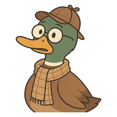 sweet mallard duck detective, wearing glasses and a plaid scarf, looking curious, soft illustration sticker