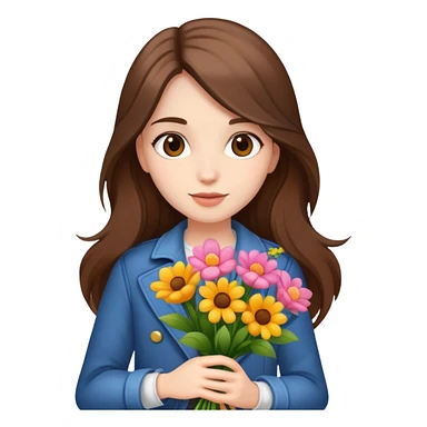 cool girl with long brown hair and fair skin holding a bouquet of flowers, trendy sticker
