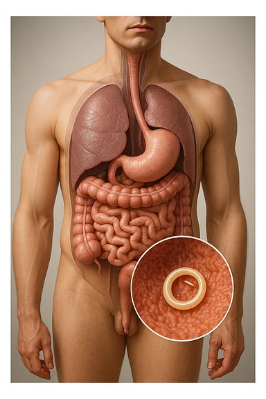 a 3D cutaway view of the human digestive tract, showing an Anisakis larva attached to the intestinal wall. in a man sticker