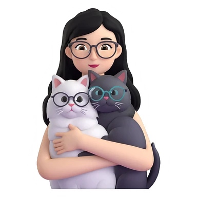 Skinny woman with oval glasses, long straight black hair, wearing white sleeveless top, hugging a grey Persian-Angora cat, plain background sticker