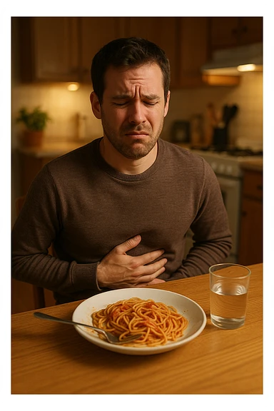 a man sits at a dining table, looking uncomfortable and holding his stomach after eating a plate of pasta. His expression shows mild pain or bloating. On the table, there’s a half-eaten plate of spaghetti, and a glass of water. The background is a cozy kitchen, but the focus is on the man’s discomfort.

 sticker