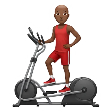 dark skin bald African American man on elliptical machine with red tank shirt and black shorts sticker