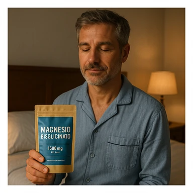 realistic illustration of a man holding a package of "Magnesio Bisglicinato" near the bed, wearing pajamas, with a serene and relaxed atmosphere, ready for the night sticker