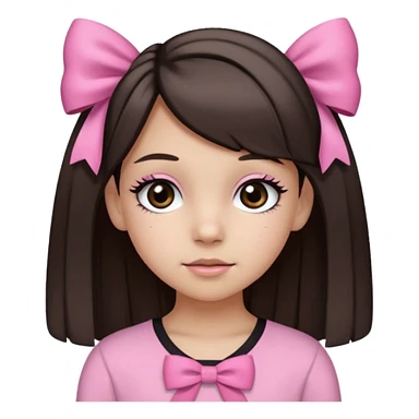 a 13 year old girl with black and brown hair with blond highlights. pink bows and pink outfit with long eyelashes and black eyes sticker