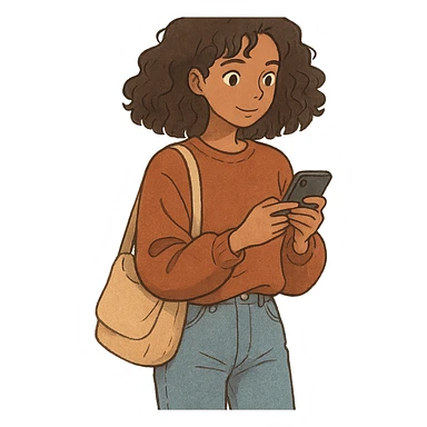 ghibli style brown woman with curly hair, it girl, daily life, daily activities sticker