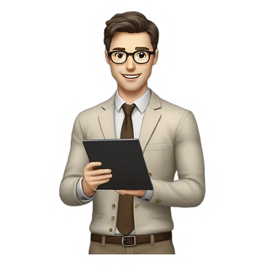 Pale skinned fit man with dark brown hair in gray jacket, beige office shirt, brown tie, brown pants and vintage glasses Writing on the tablet sticker