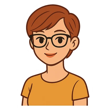 flat toon style woman in her 20s with auburn pixie cut (side part) and glasses sticker