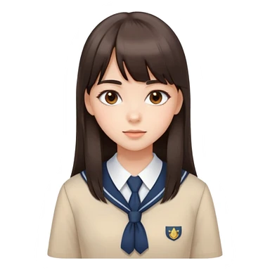 Attractive female student with long straight dark brown hair with bangs, beautiful school uniform, subtle makeup sticker