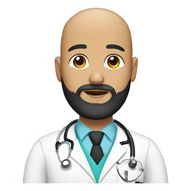 Bald male doctor with black beard and a crown sticker