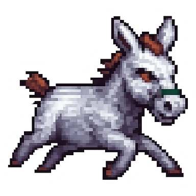 Make the donkey look like it is running extremely fast, with motion blur, speed lines, and a dynamic pose, in pixel art style. Maintain pixel art aesthetics and clarity. sticker