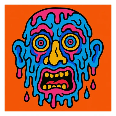 freaky face, surreal, melting, vibrant colors, cartoon style sticker