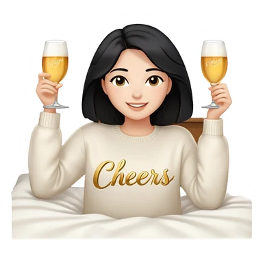 A woman with shoulder-length black hair, light to medium skin tone, full cheeks, and almond-shaped eyes, wearing a white sweater with the word 'cheers' in gold script, lying comfortably on a bed with soft lighting, joyful and radiant expression, no drinks. sticker