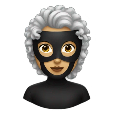 A person wearing a black mask with curly pony hair sticker