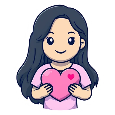 a black girl with long hair hols a pink heart with a smile sticker