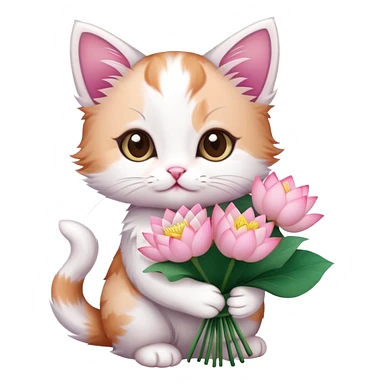 Kitten holding a bouquet of lotus flowers sticker