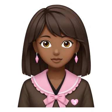 Dark skin, light skin, brown eyes, medium dark brown hair, side bangs, and wears a gyaru outfit  sticker