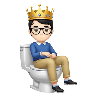 King with crown sitting on a toilet, wearing round glasses and black hair sticker