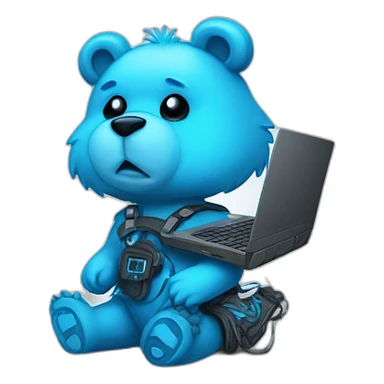 little blue neon punk bear with broken toy laptop sticker