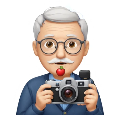 old man with very short gray hair, very short gray beard, round glasses, holding a camera, Apple emoji style sticker