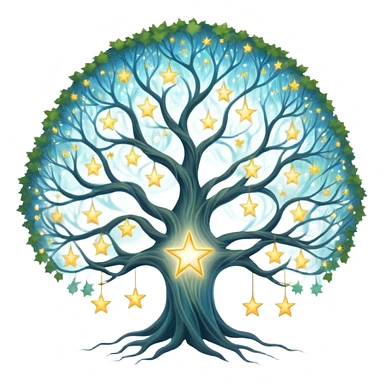 Celestial family tree with star-like portraits connected by flowing gossamer branches, ethereal ancestral connections sticker