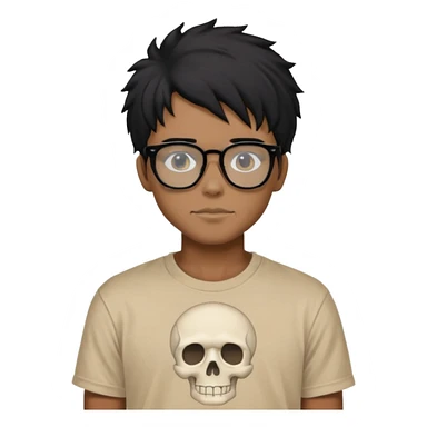 black anime hair guy with skeleton makeup wearing a stussy tshirt with glasses sticker