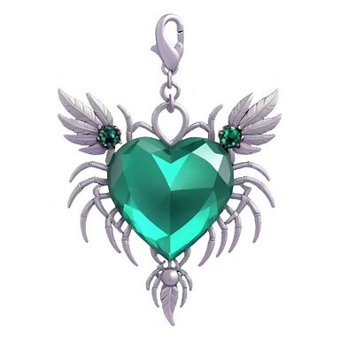 3D emoji gothic heart, dark emerald crystal, silver spider charm, feather accents, lush and gothic sticker